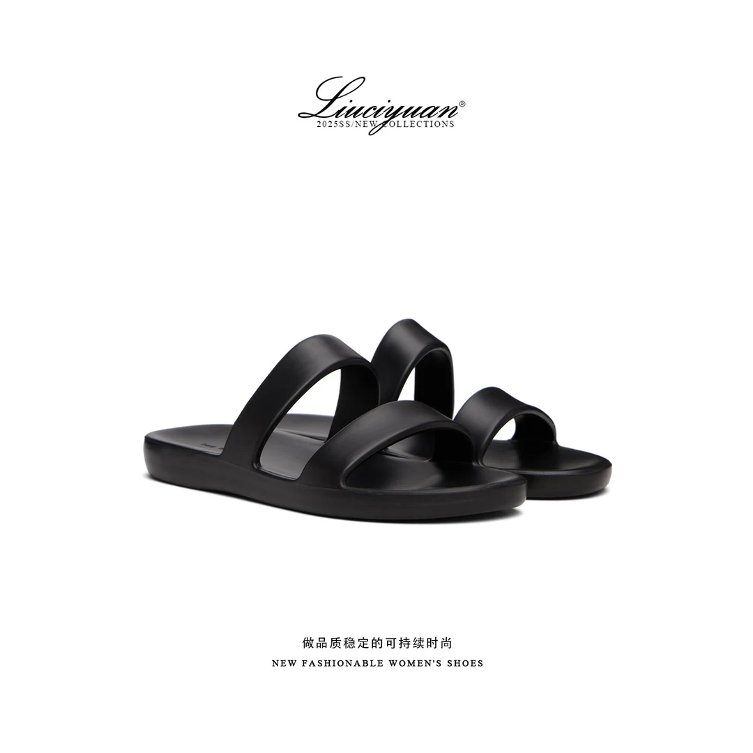 LIUCIYUAN【row老钱风】对版软底平底外穿一字带舒适黑色露趾拖鞋子