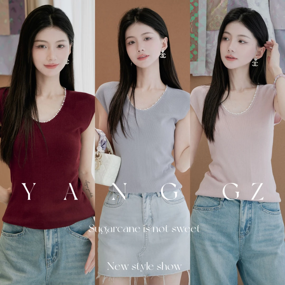 YANG GZ【Q彩虹布丁】U领纯色修身珍珠饰毛织上衣女GZ667017#A65223