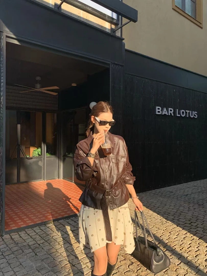 MAR 秋季新款时尚腰带收腰显瘦短款夹克外套皮衣女606197