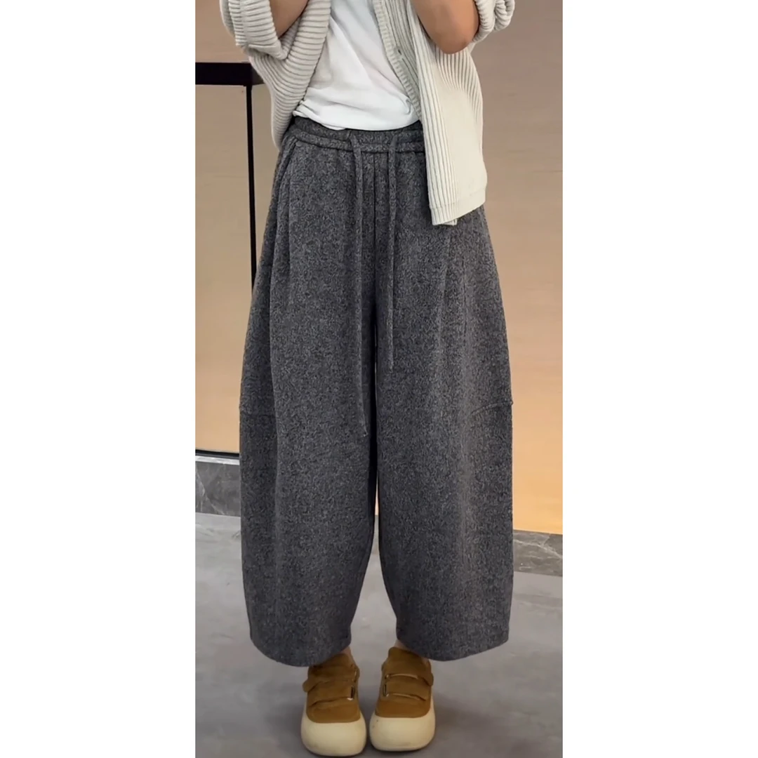 艾塔莉秋冬新款百搭宽松休闲裤松紧腰保暖卫裤韩版毛呢裤女阔腿裤