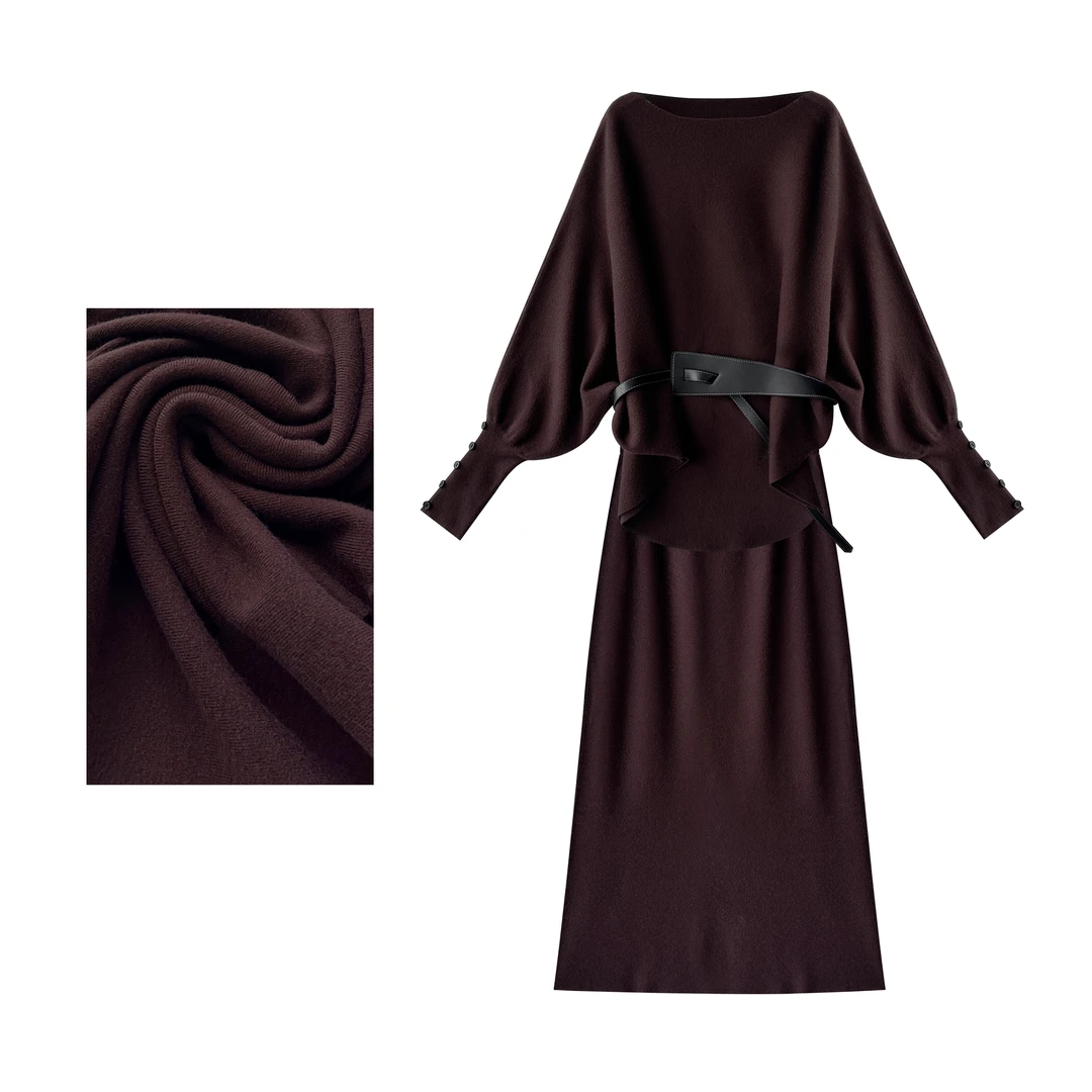 秋季时尚温柔针织衫蝙蝠袖一字领露肩半身裙长裙两件套女