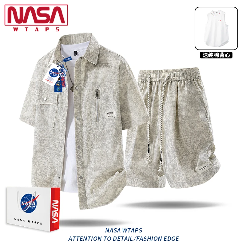NASA WTAPS男士新款大码夏季扎染短袖短裤冰感休闲时尚高级感套装