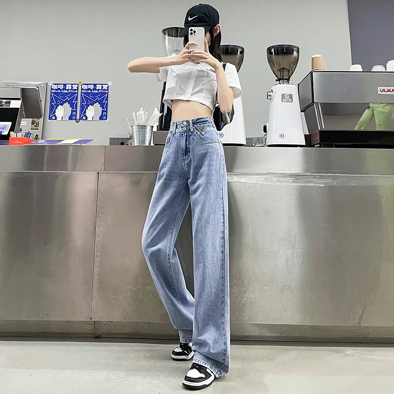 个性三角牌双纽扣直筒裤新款高腰显瘦宽松小个子阔腿裤春秋百搭