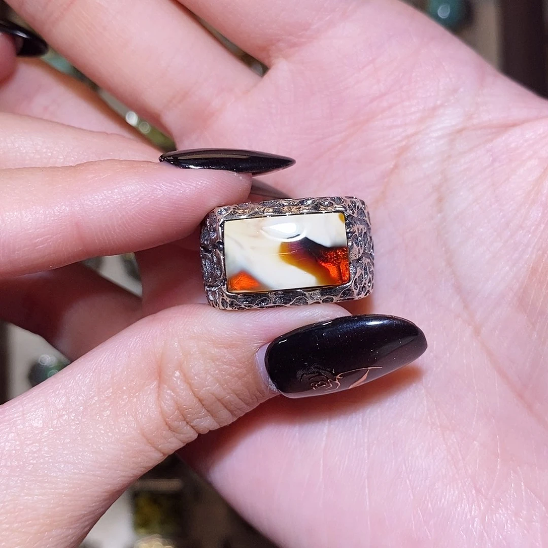 琥珀戒指银S925镶嵌杨*戒指