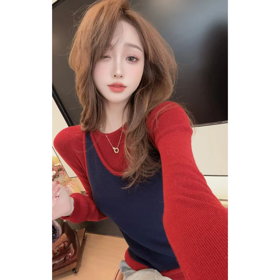 【陈陈私服】复古时尚拼色长袖针织衫设计感高级毛衣25091005