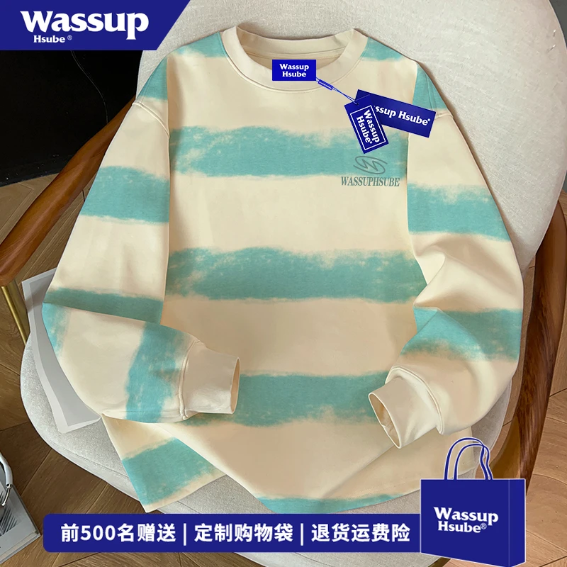 WASSUP HSUBE欧美式字母印花长袖T恤男秋季扎染条纹简约纯棉上衣
