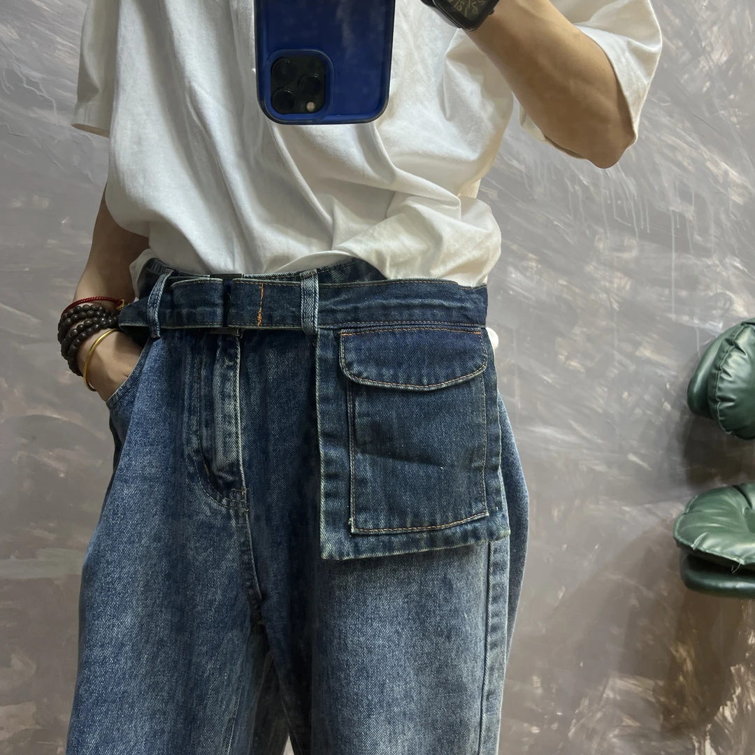 念北穿搭可拆卸袋设计早秋新款复古直筒水洗牛仔