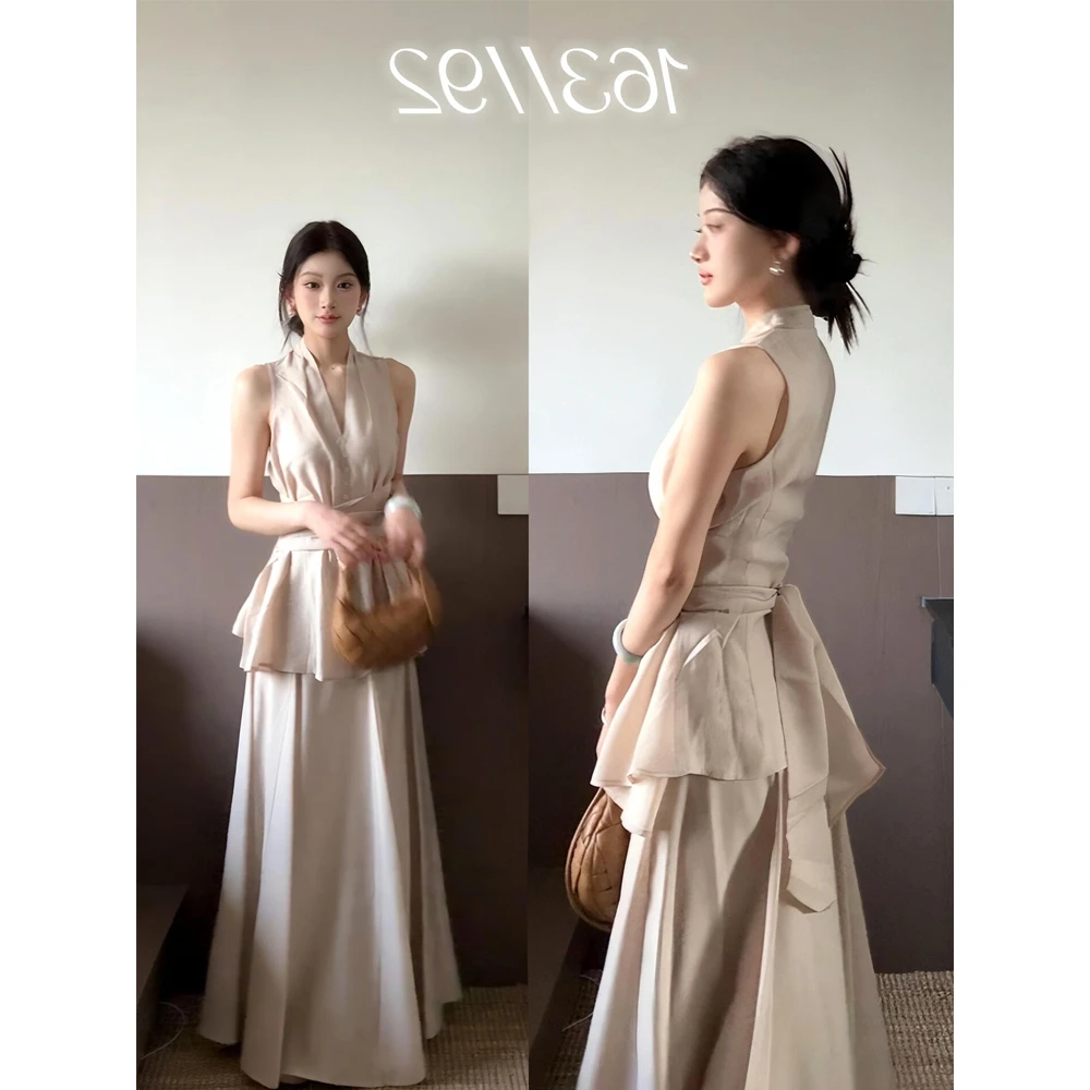 设计感收腰背心女夏季款外穿2025气质显瘦半身裙两件套装v领上衣