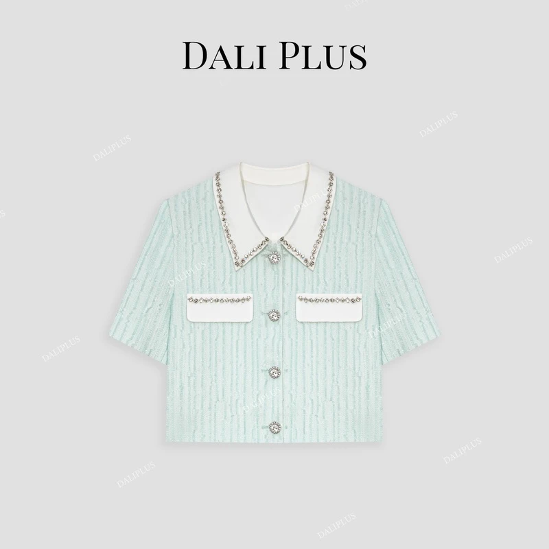 DALI PLUS夏季洋气精致钻领水蓝色气质小香风短袖外套-23T-03122