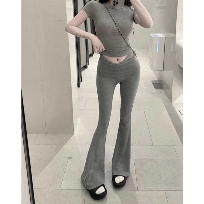 芭蕾美学蕾丝拼接高腰修身显瘦瑜伽喇叭运动裤垂感微喇休闲裤女夏