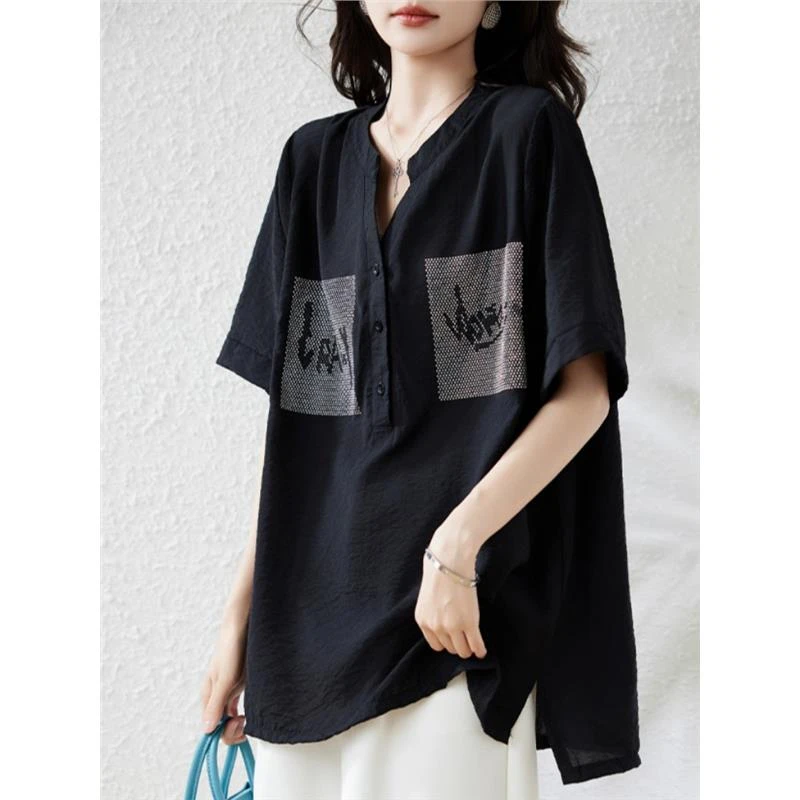 九月陌墨胖MM遮肚V领烫钻字母T恤衫大码女装宽松休闲简约短袖上衣