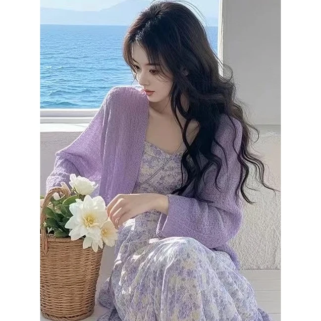 2025超火开春穿搭套装女温柔风减龄显瘦碎花连衣裙针织开衫两件套