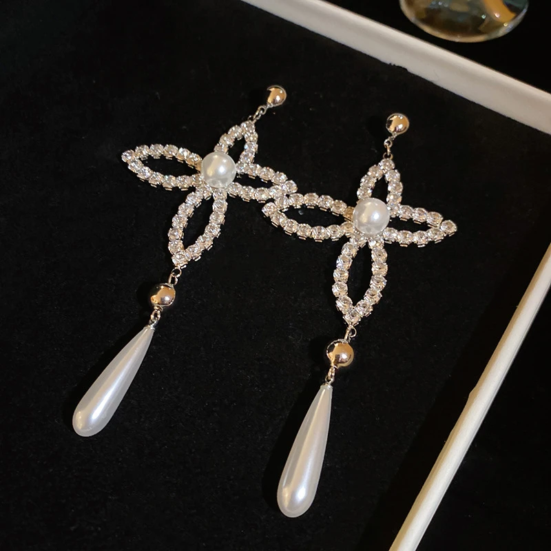 MEISHU/魅属 铜合金锆石耳饰 锆石蝴蝶珠珠长款流苏气质耳环轻奢