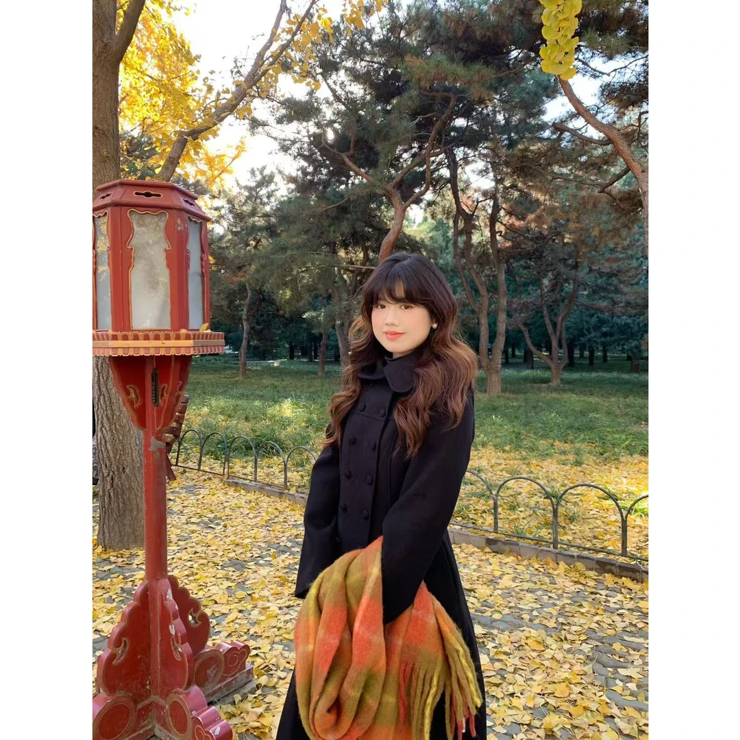 【现货】米米子“初雪”黑色收腰毛呢大衣韩版小翻领双排扣冬季外套