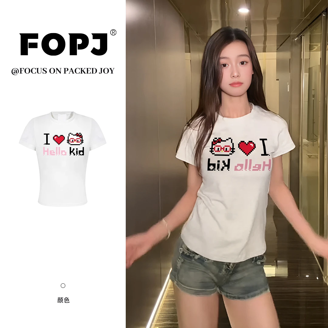 FOPJ美式正肩显瘦圆领修身t恤女夏季纯欲风时尚印花kitty辣妹上衣