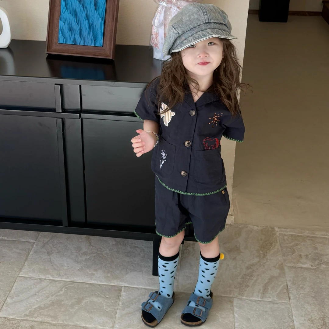 《现货》女童2025夏季新款韩版休闲学院风套装翻领短袖五分短裤