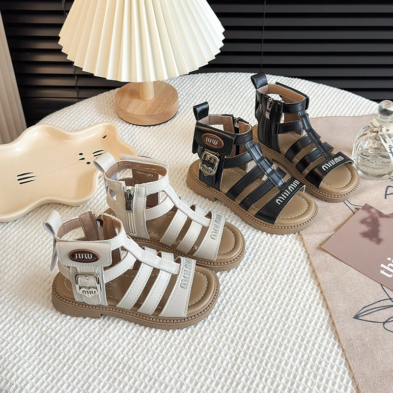 凉鞋2025夏季童鞋小中女童露趾英伦风侧拉链罗马鞋子