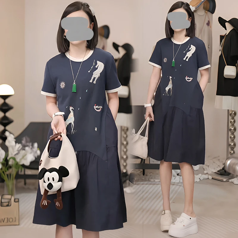 夏季新款复古撞色刺绣小马气质宽松显瘦禅意简约百搭减龄连衣裙潮