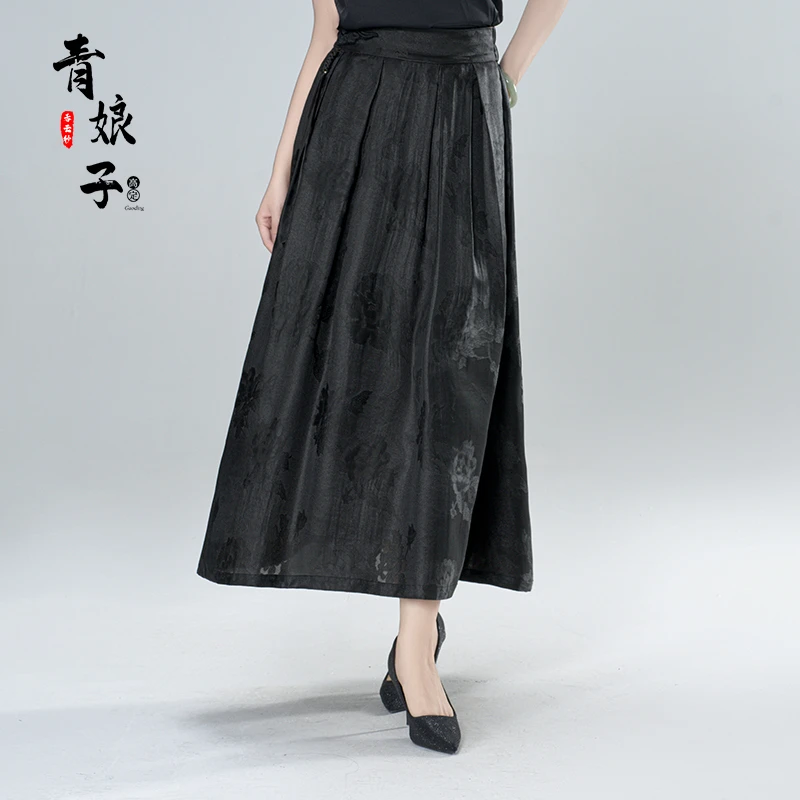 青娘子香云纱（云落）复古提花刺绣流苏百搭印花半身百褶裙---50894