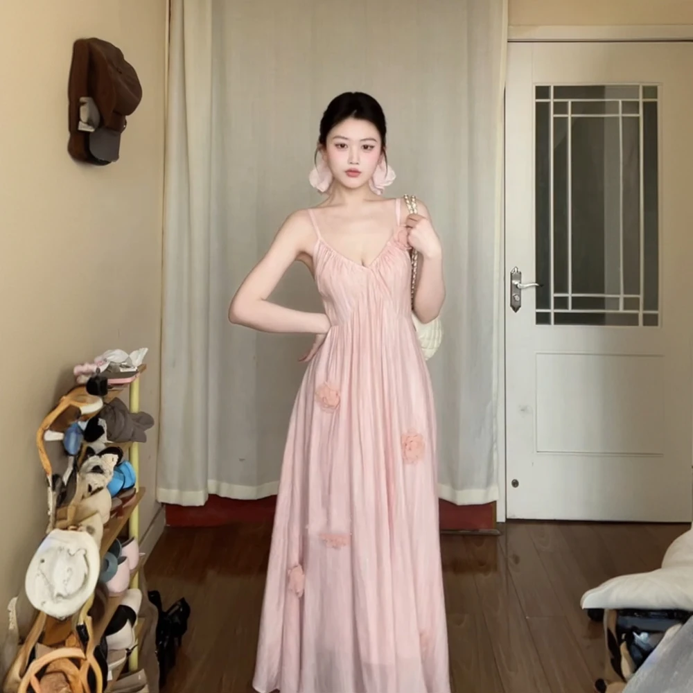 Y8601法式度假粉色吊带连衣裙春夏气质名媛高端女神范性感长裙子