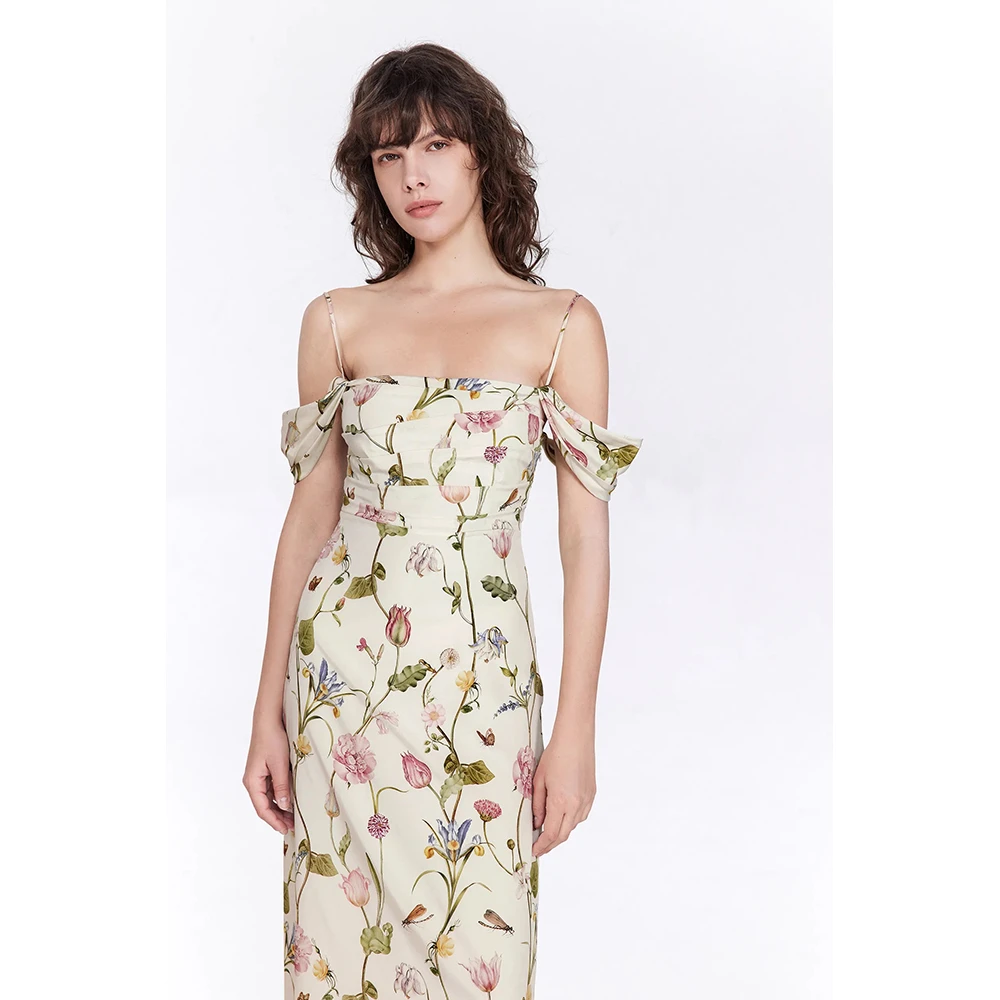 【Fabrique】【明星同款】郁花园碎花落肩捏褶肩带花卉印花气质连衣裙