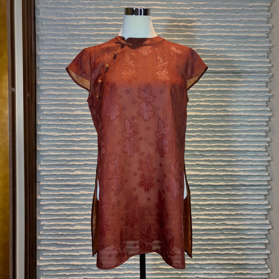 【朱砂映花】疏影浮翠满分桑蚕丝红云纱透孔罗立领薄款奥黛250553