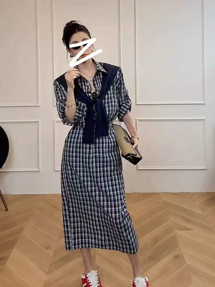长款韩版气质撞色拼接披肩收腰洋气减龄衬衫连衣裙2025夏季