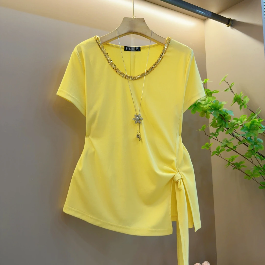 气质夏季圆领重工新款纯色设计感显瘦百搭休闲上衣（长64左右）