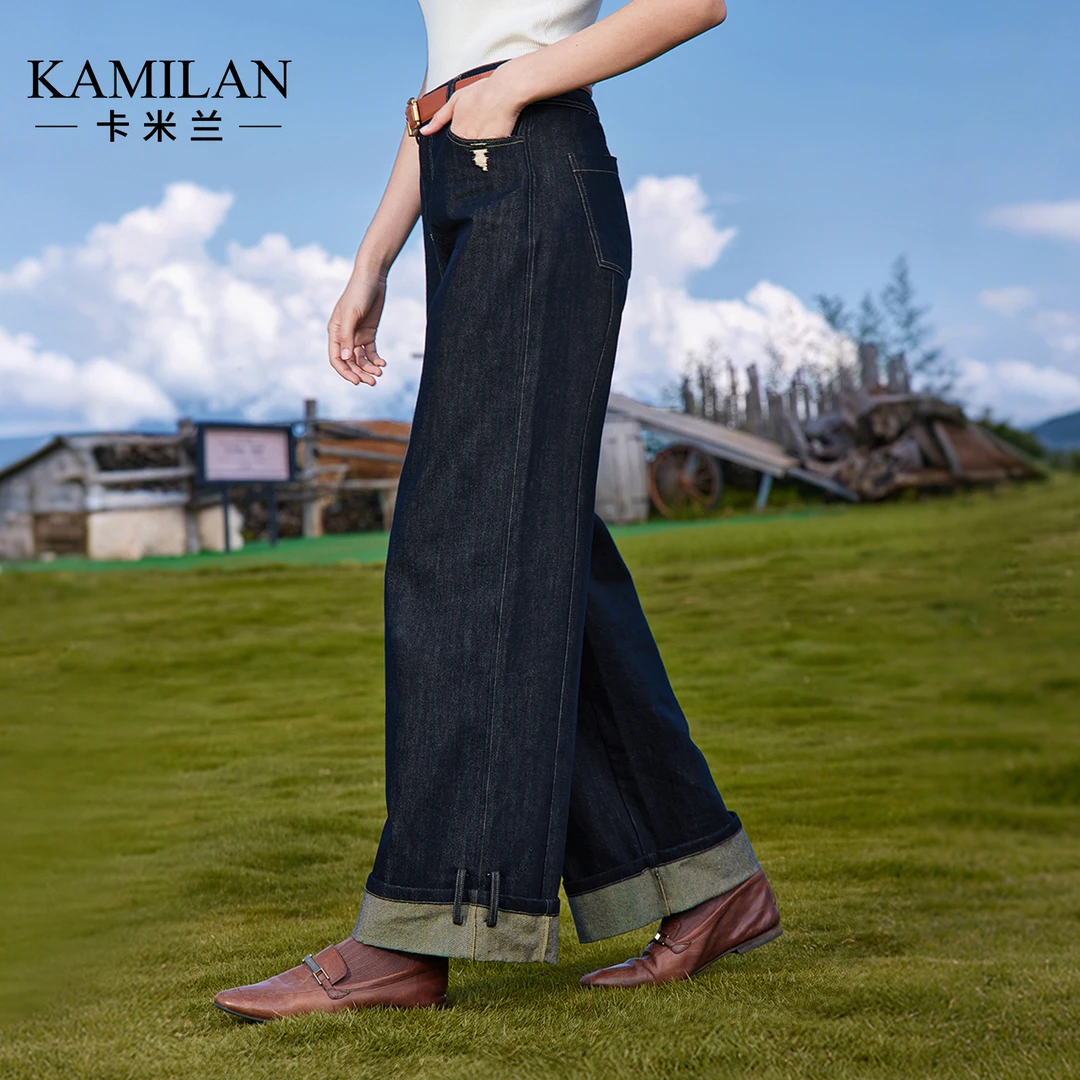 卡米兰高腰阔腿牛仔裤长裤女2025秋季新款流行直筒设计感显瘦裤子