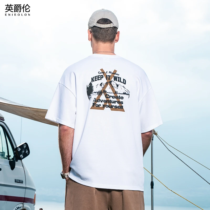 2025夏季新品潮牌美式山系印花五分T恤男宽松落肩短袖体恤TX113