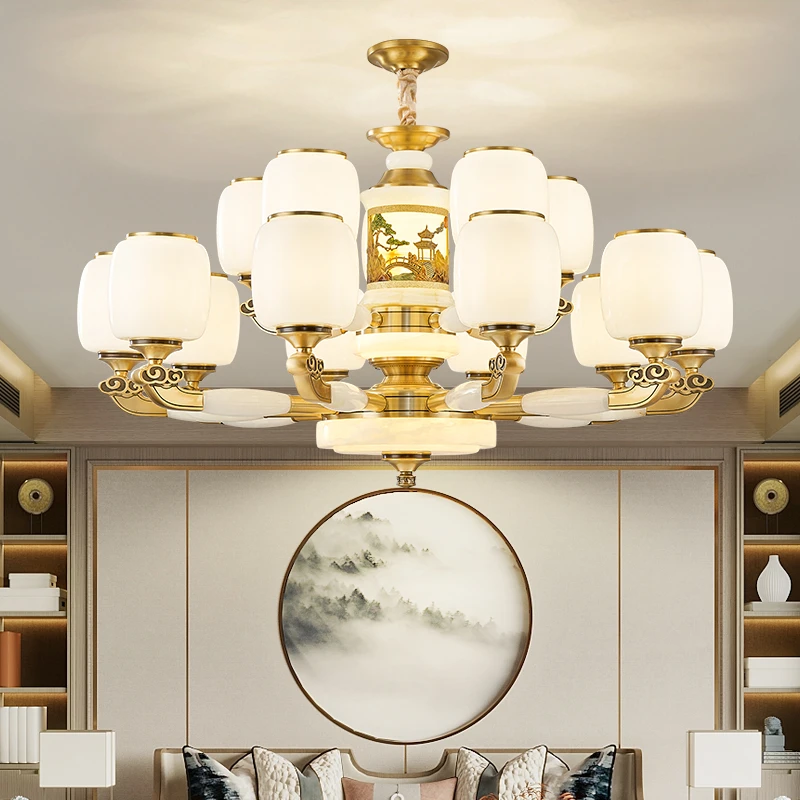 新中式高端天然玉石全铜客厅吊灯新中式复式楼大吊灯餐厅灯