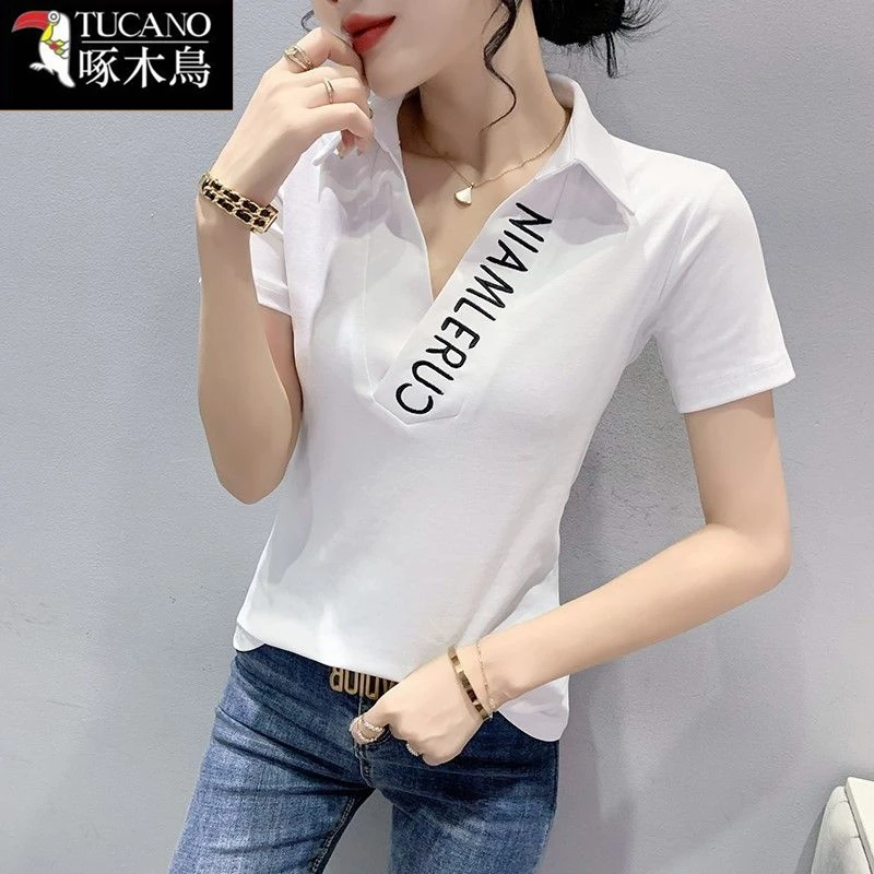 啄木鸟爆款短袖翻领上衣2025年夏季气质显瘦设计感拼接刺绣T恤女