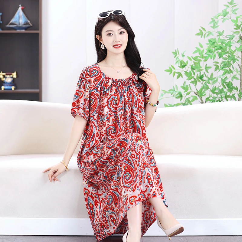 夏季棉绸连衣裙气质大裙摆遮肚宽松显瘦大码短袖妈妈裙子碎花时尚