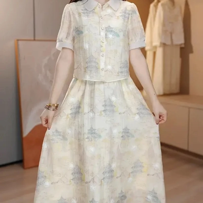 时尚气质妈妈装中国风假两件连衣裙娃娃脸减龄显瘦遮肉中长裙