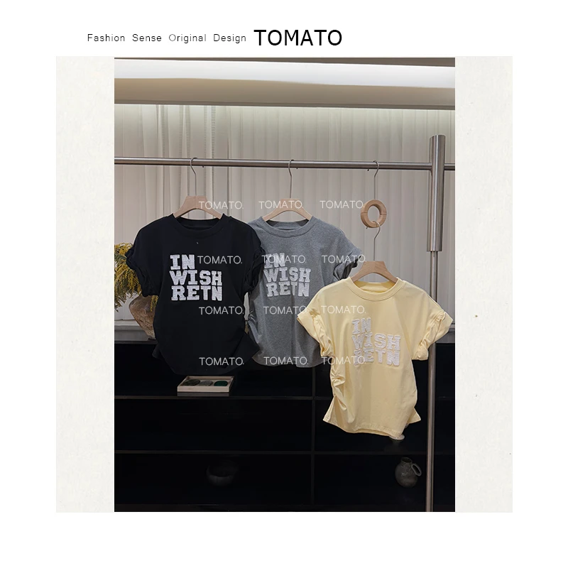 【TomaTo】「晚风」韩系修身显瘦立体刺绣字母短袖T恤 C25T1179