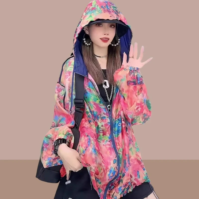 轻薄时尚宽松防晒衣女2025夏季休闲透气连帽小个子碎花防晒服外套