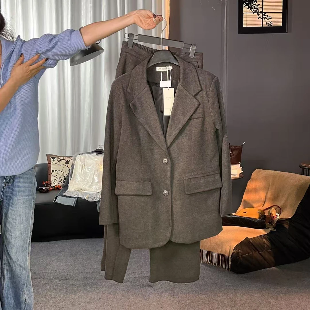 【年终清仓星空调】秋冬款呢料厚款西装阔腿裤套装女两件套