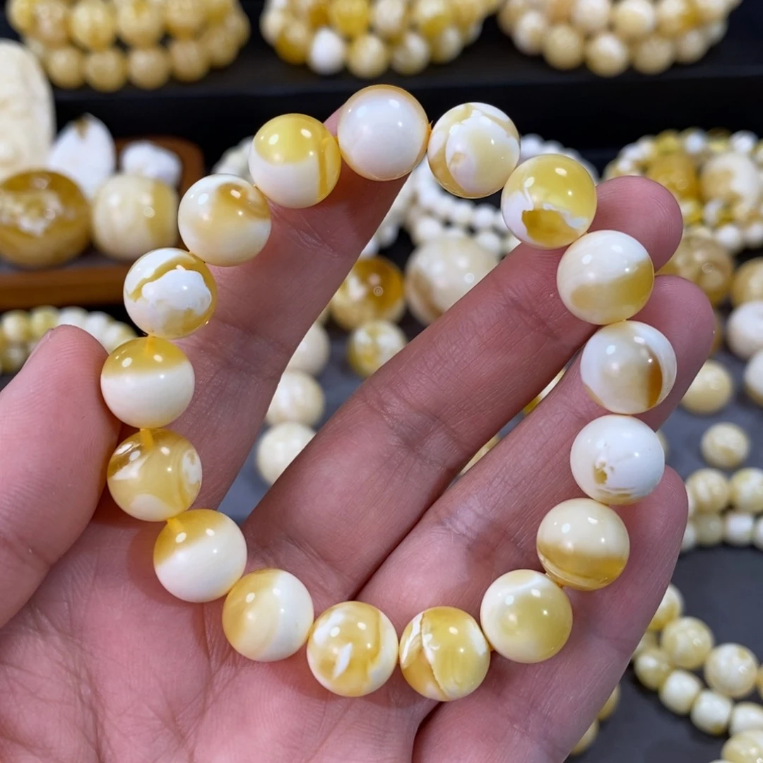 蜜蜡手串未镶嵌金瓷白妖圆珠手串12