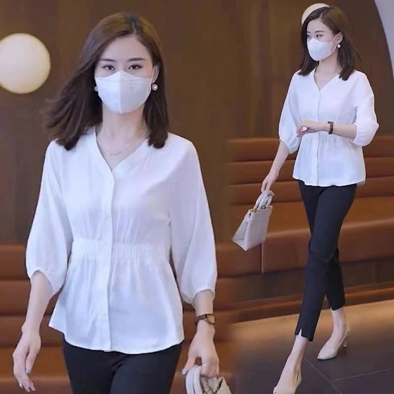 2025收腰大码衬衫遮肚子显瘦上衣七分袖白色设计感衬衣显瘦衬衫女