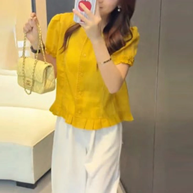 6658韩系时尚气质木耳短袖衬衫