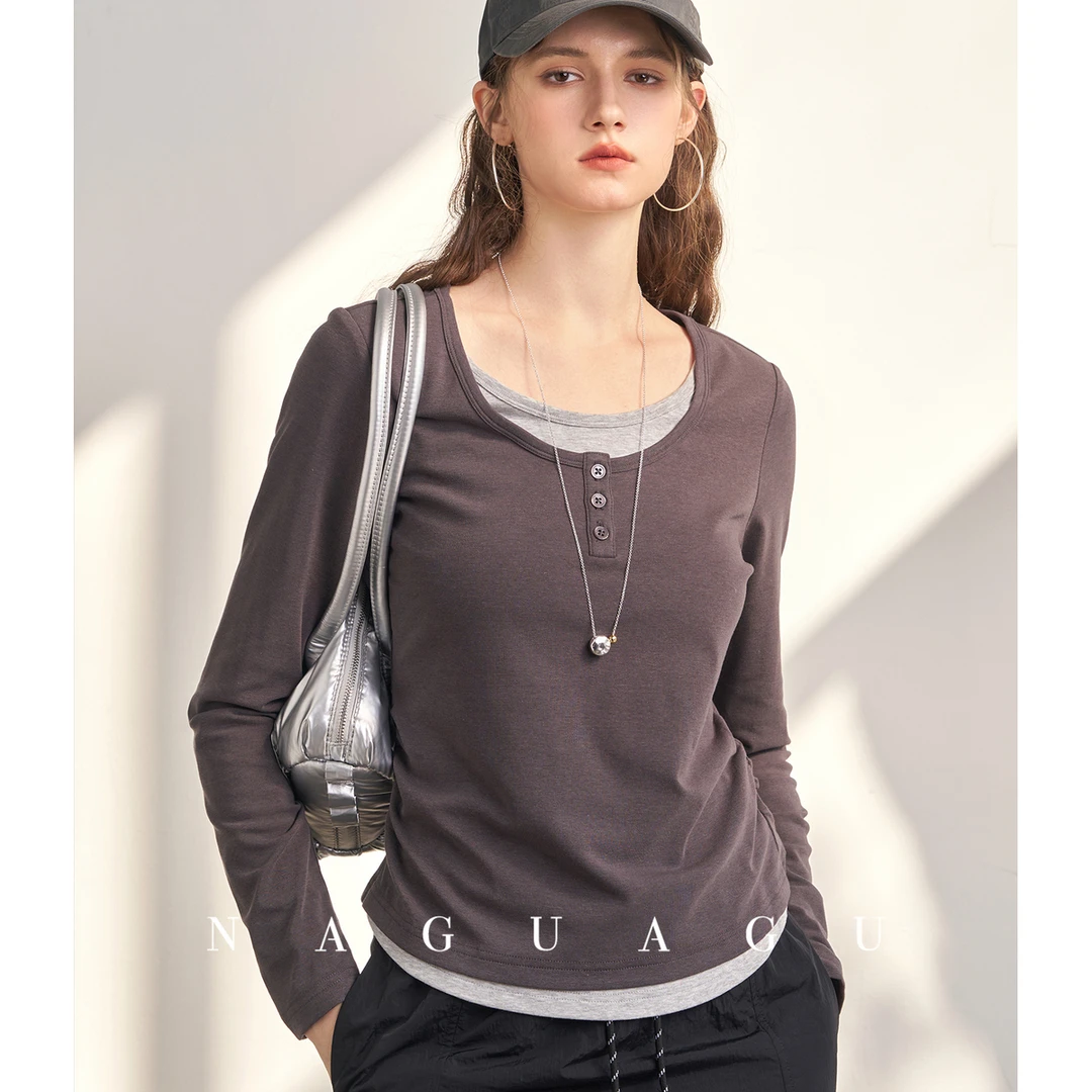 【博主假两件】环葆棉混纺柔软弹力 撞色合身松紧掐腰休闲针织衫