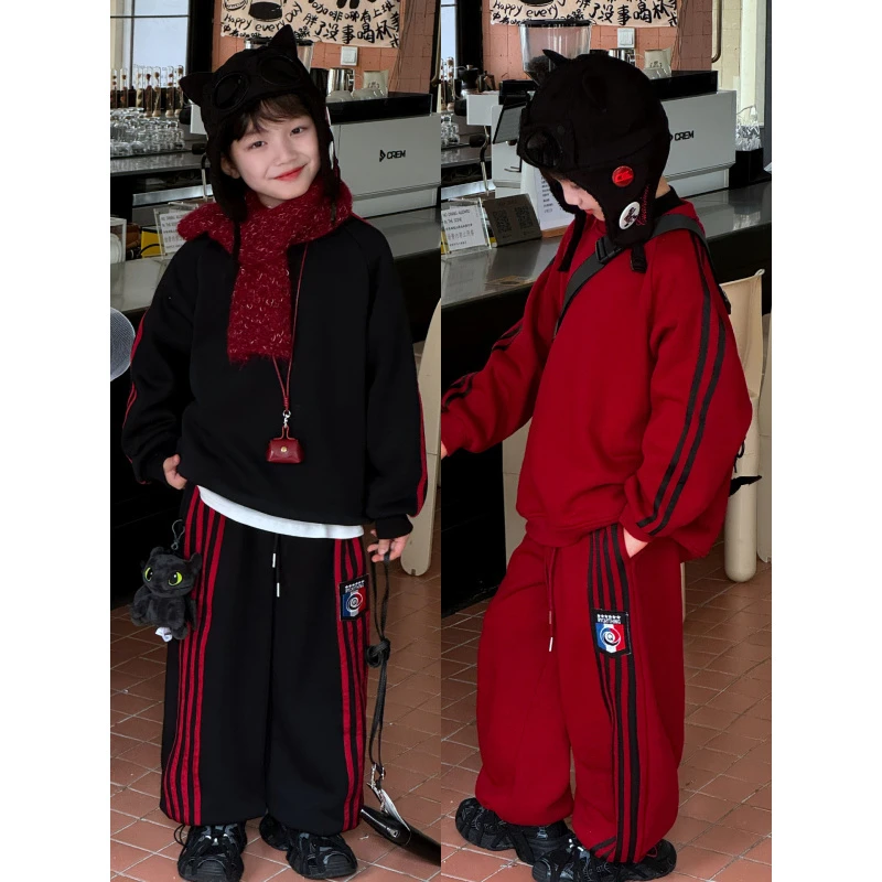 巴拉扣扣顽兔2025男童冬款美式拉条贴标中大童卫衣卫裤加绒加