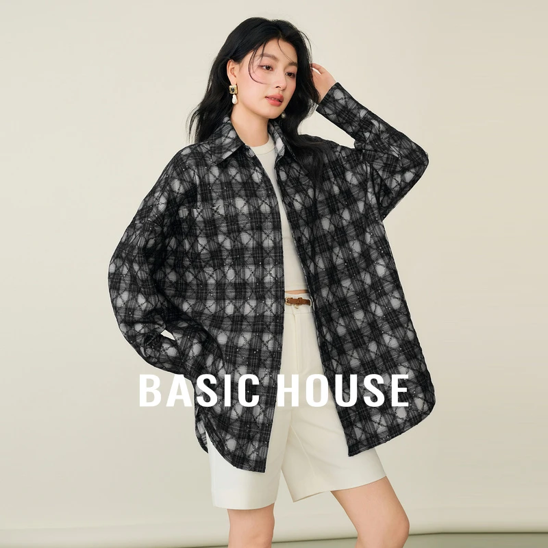 百家好知性洋气衣服女装格纹休闲复古黑白衬衫-B0625H5J252