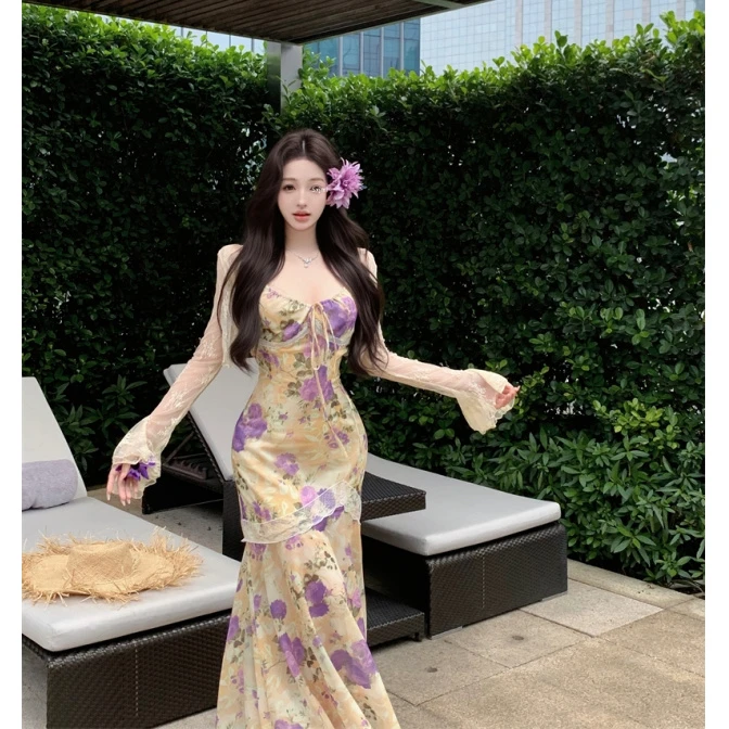 法式碎花连衣裙春夏新款度假风穿搭开衫+吊带鱼尾长裙纯欲风长裙