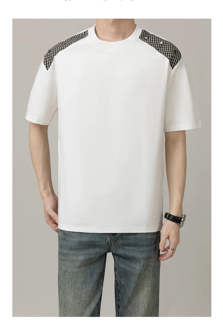 高级感格纹拼接男士短袖2025夏季新款休闲宽松百搭男生圆领t恤衫