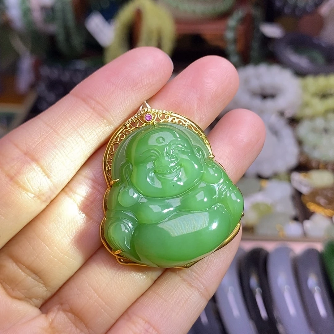 颈饰未镶嵌和田玉粉绿碧玉脂膏级18.K金佛公
