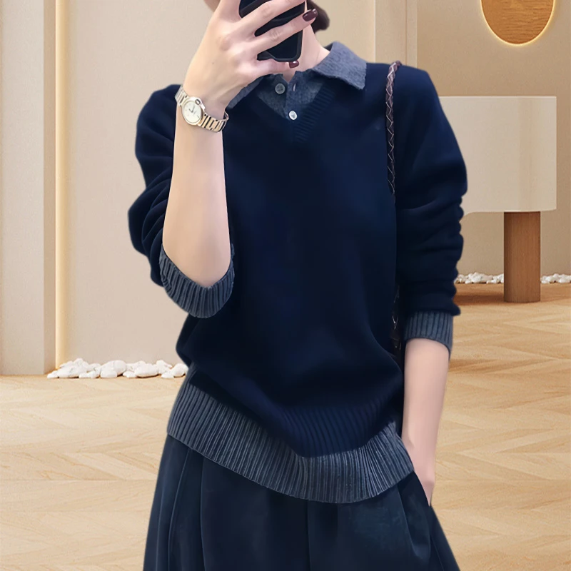 气质高级感拼接撞色假两件毛衣女秋冬新款小个子显瘦保暖长袖上衣