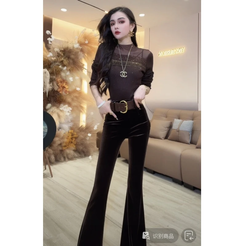【YING FASHION】莹老板-时尚气质百搭条钻拼纱毛衣 8021000