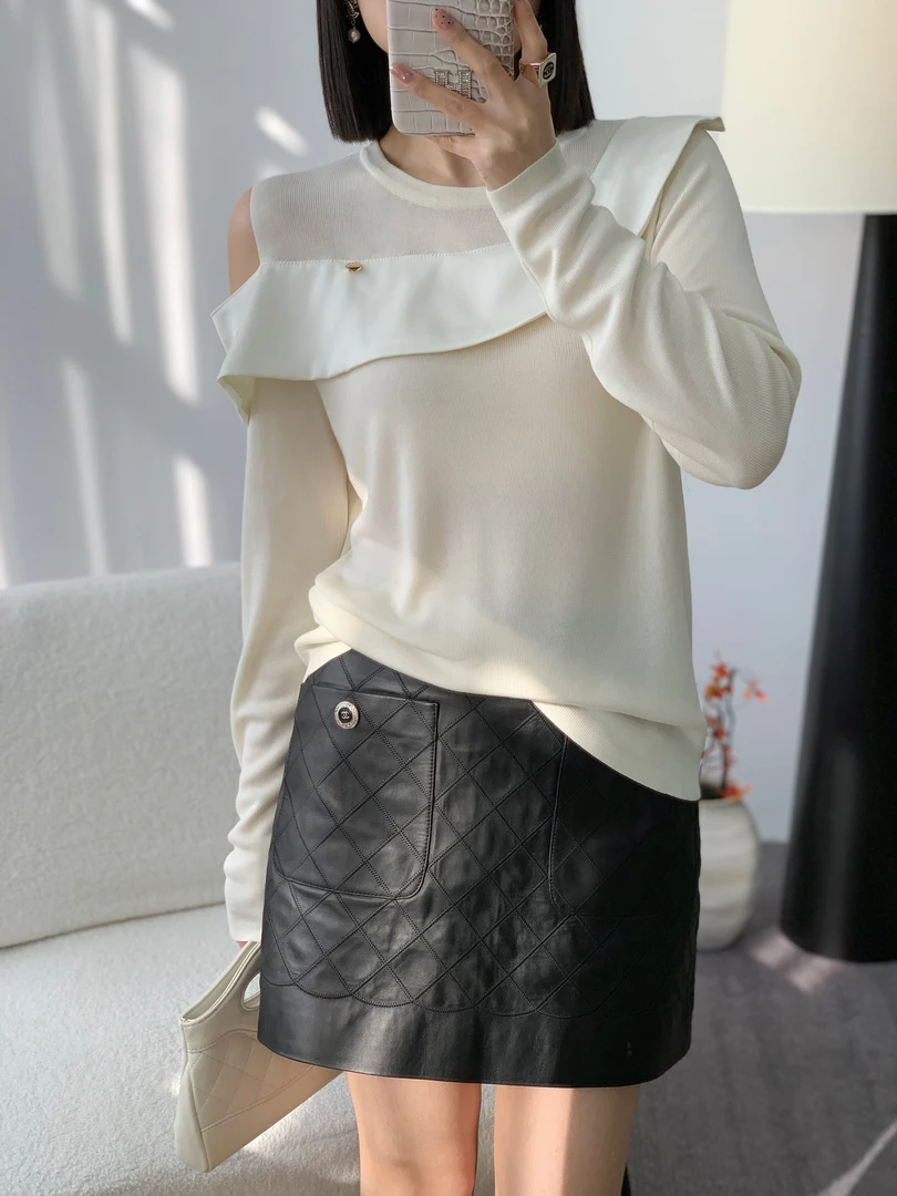 【苗姐优选】春季新款荷叶花边拼接圆领气质收腰显瘦上衣毛衣8341QR