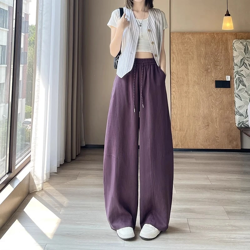 天丝棉麻阔腿裤女夏季薄款2025新款莱赛尔垂感亚麻冰丝香蕉弯刀裤